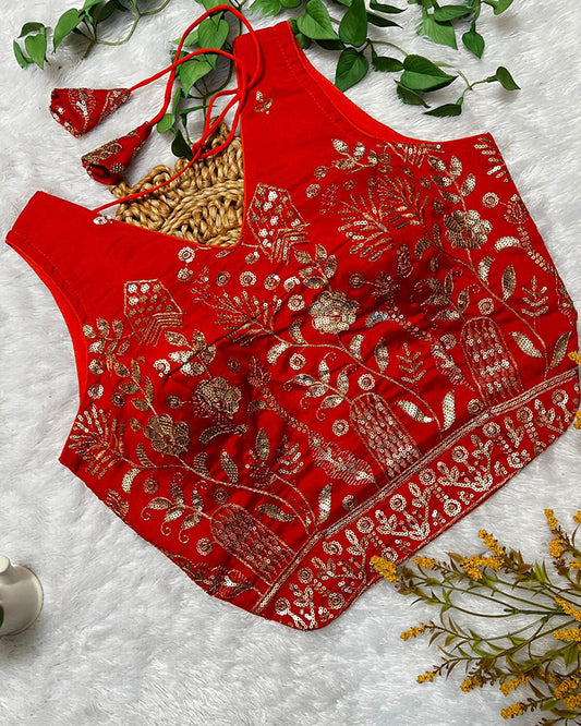 Orange Color Vichitra Silk Embroidered Blouse