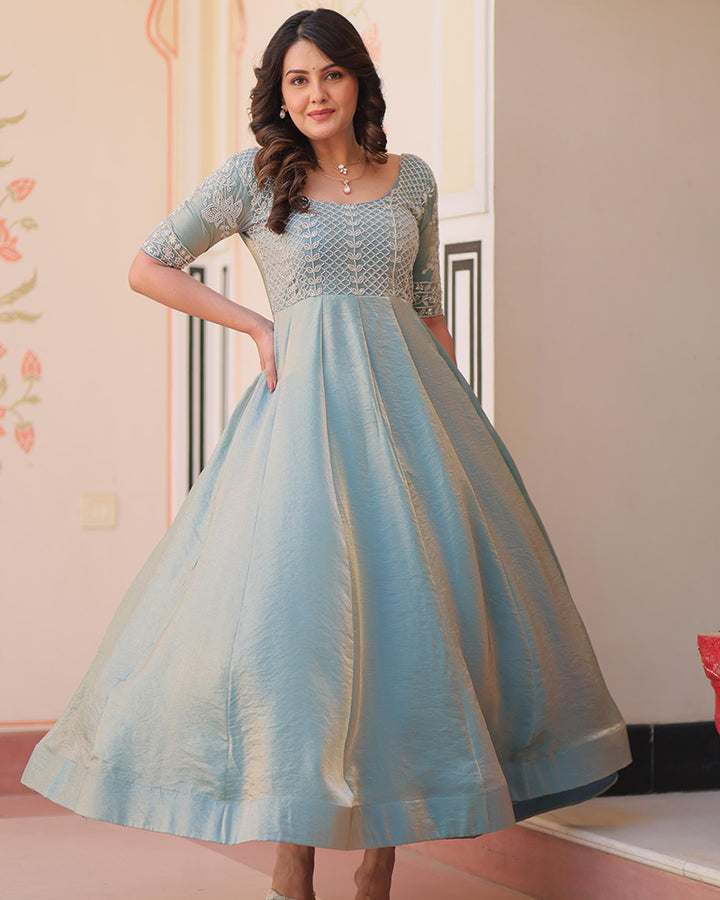 Sky Blue Color Fendi Embroidered work Fully Stitched Designer Gown