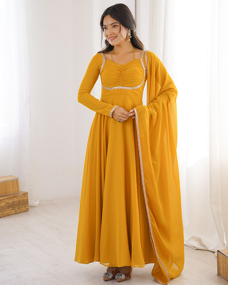Yellow Color Pure Blooming Georgette Anarkali Gown