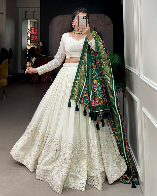 Off White Lucknowi Embroidery Work Lehenga Choli