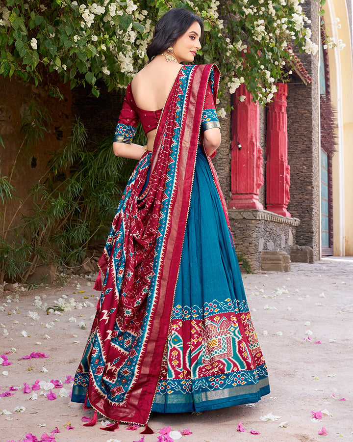 Designer Patola Printed Teal Green Color Tussar Silk Lehenga Choli