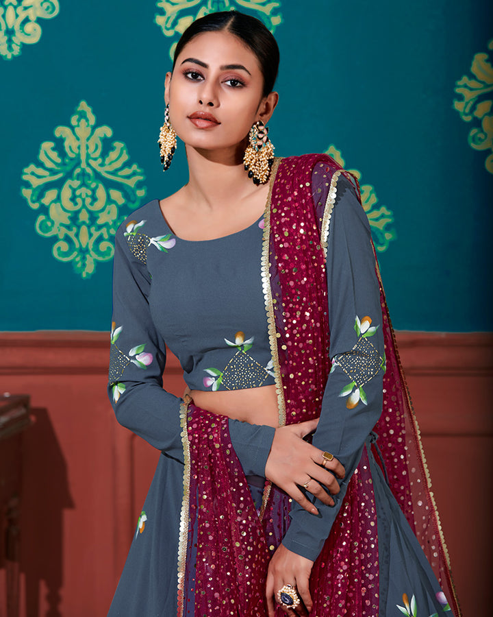 Blue Magenta Color Georgette Foil Printed Lehenga Choli