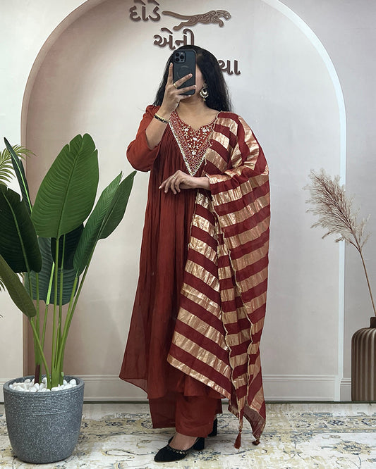 Dark Orange Color Pure Mal Chanderi Plazzo Suit