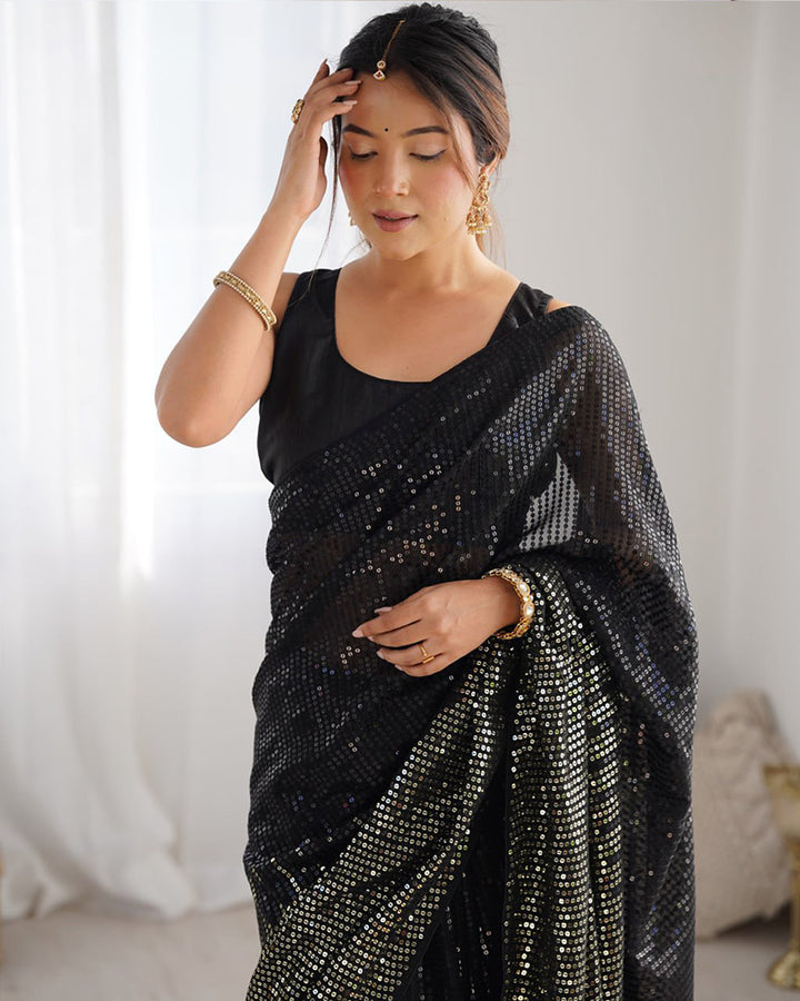 Black Color Heavy Georgette Sequence Embroidered Saree