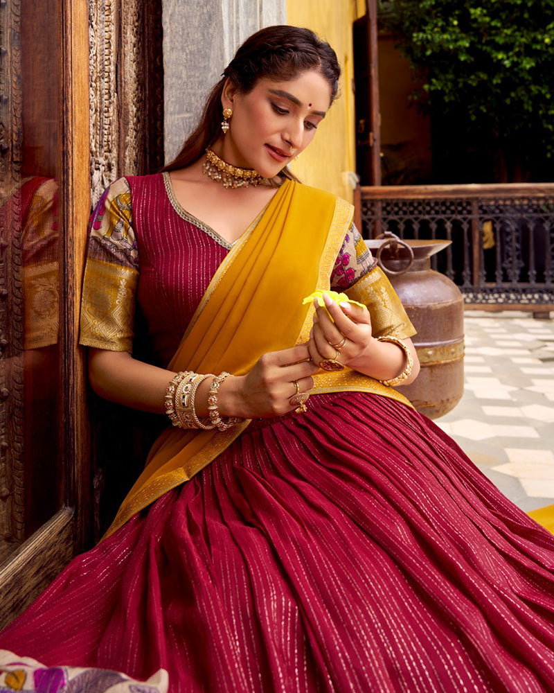Red Color Poly Chanderi Kalamkari Printed Lehenga Choli