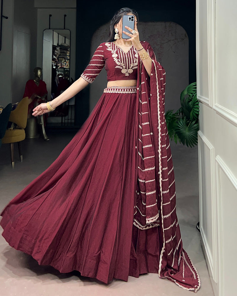 Maroon Color Rangoli Crush Embroidered Lehenga Choli