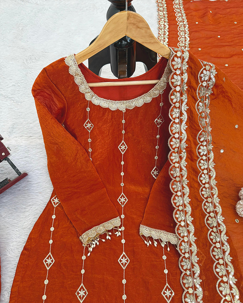 Rust Orange Color Fendi Silk Three Piece Kurti Suit