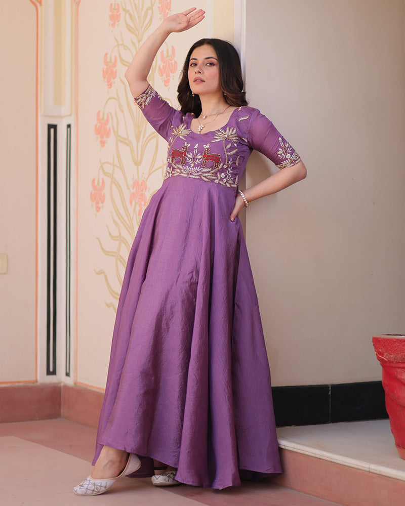 Elegant Lavender Gold Crush Embroidered Party Wear Gown