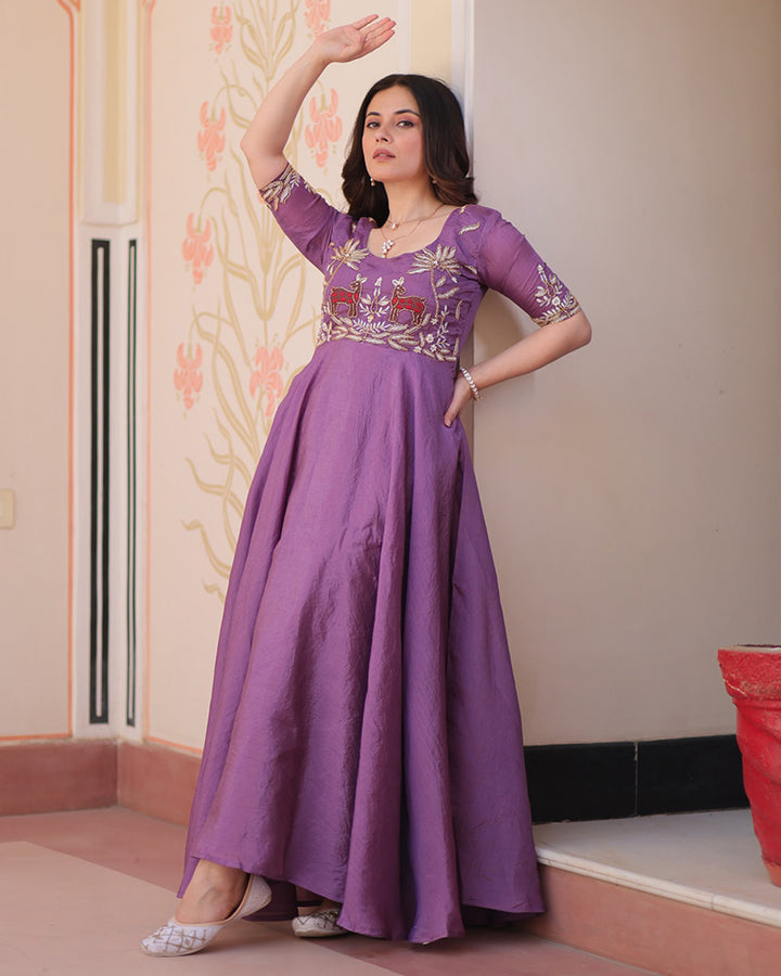 Elegant Lavender Gold Crush Embroidered Party Wear Gown