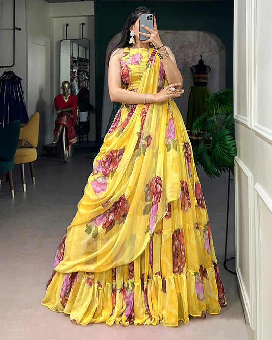Yellow Color Lightweight Chiffon Printed Lehenga Choli