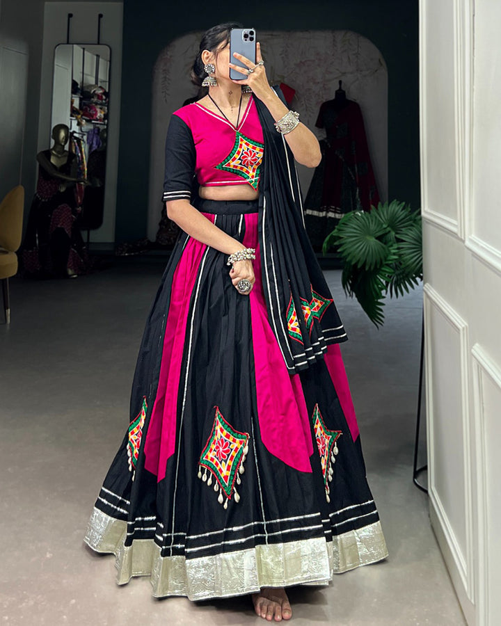 Pink And Black Color Cotton Gamthi Navratri Lehenga Choli