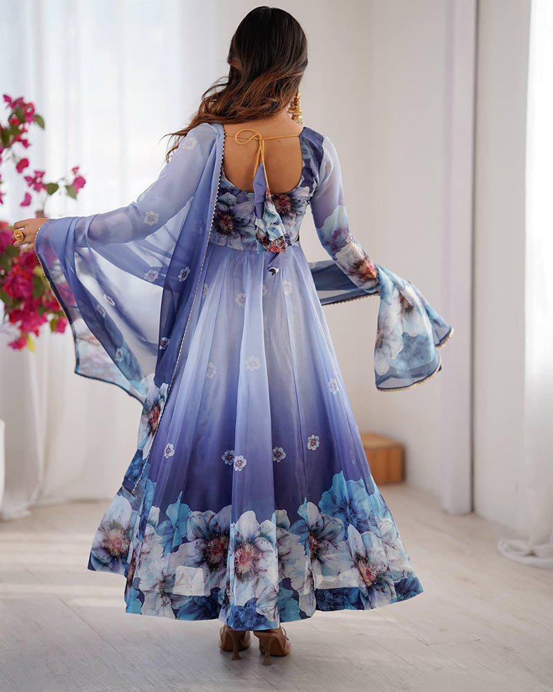 Navy Blue Color Digital Printed Organza Anarkali Suit