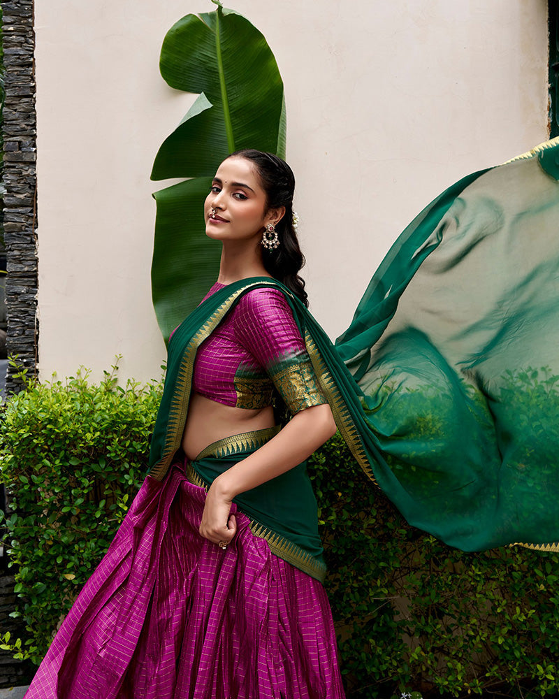 Cultural Pink and Green Color Poly Cotton Lehenga Chex Half Saree