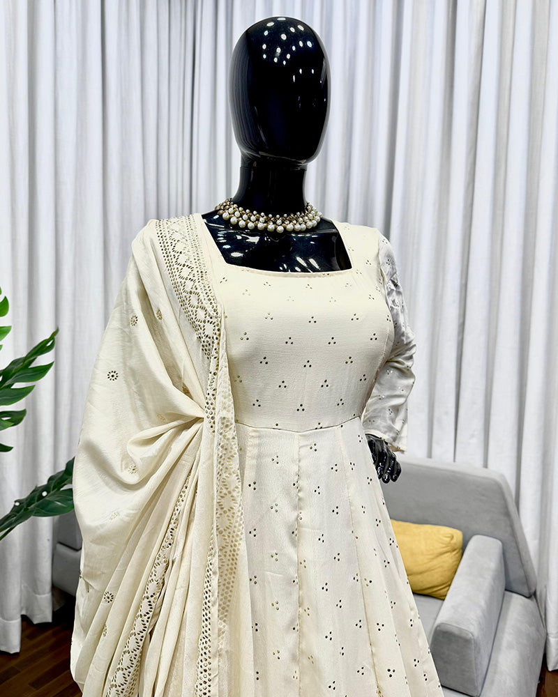 Cream Color Chinnon Silk Mukaish Work Plazzo Suit