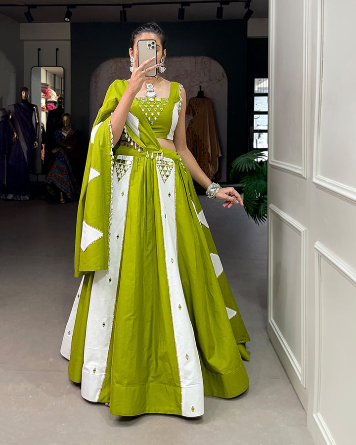 Parrot Color Pure Cotton Lehenga Choli With Original non Breakable Mirror Work