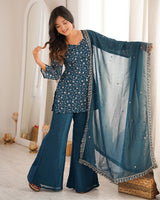 Teal Blue Color Crunchy Silk Embroidered Plazzo Suit