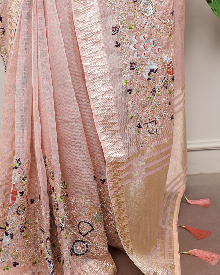 Peach Color Embroidered Kota Tissue Saree