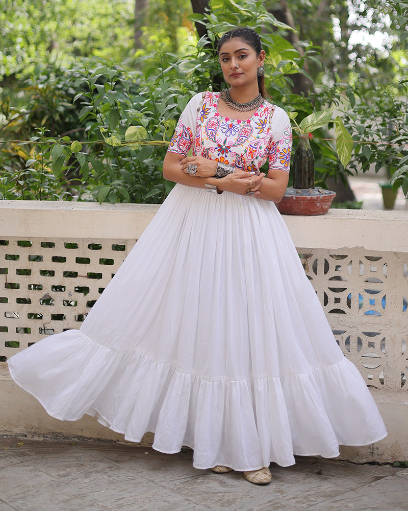 Navratri Wear White Rayon Gamthi Work Gown