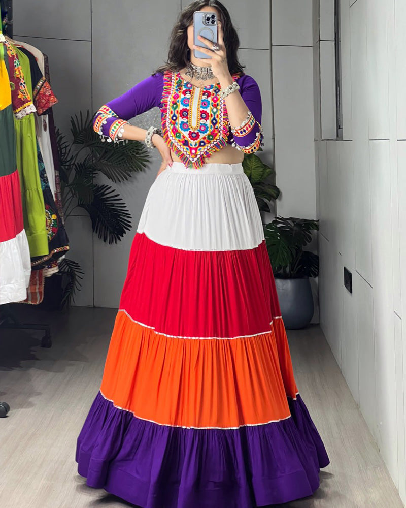 Vibrant Purple Multicolor Mirror Work Navratri Lehenga Choli
