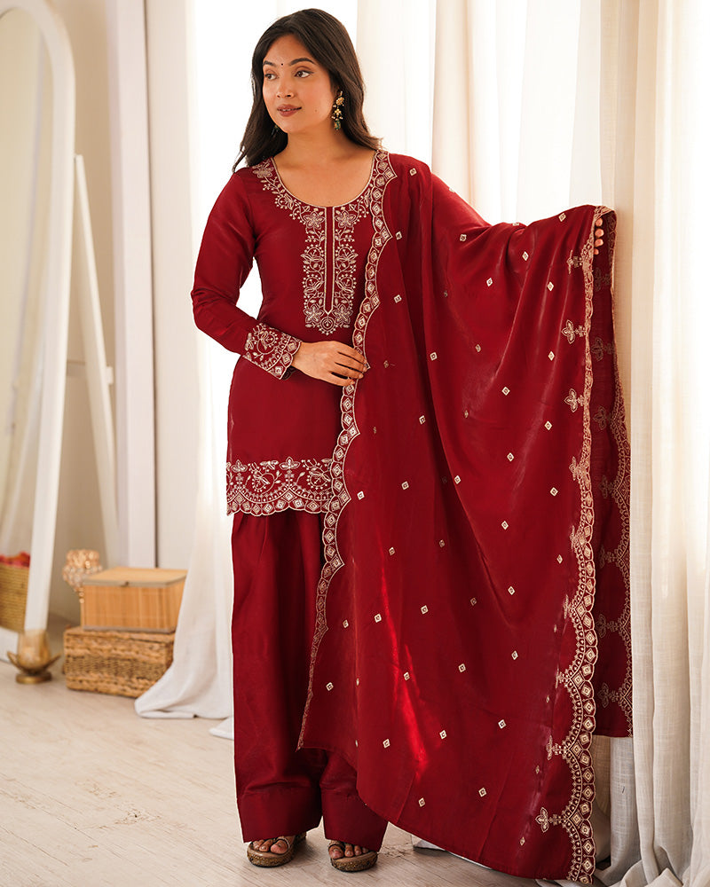 Reddish Maroon Color Roman Silk Farshi Salwar Suit