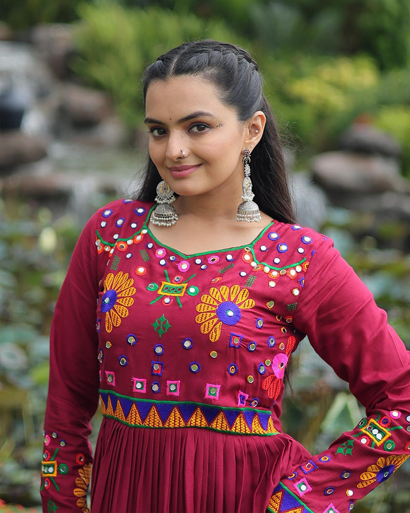 Navratri Special Maroon Color Reyon Gamthi Work Gown
