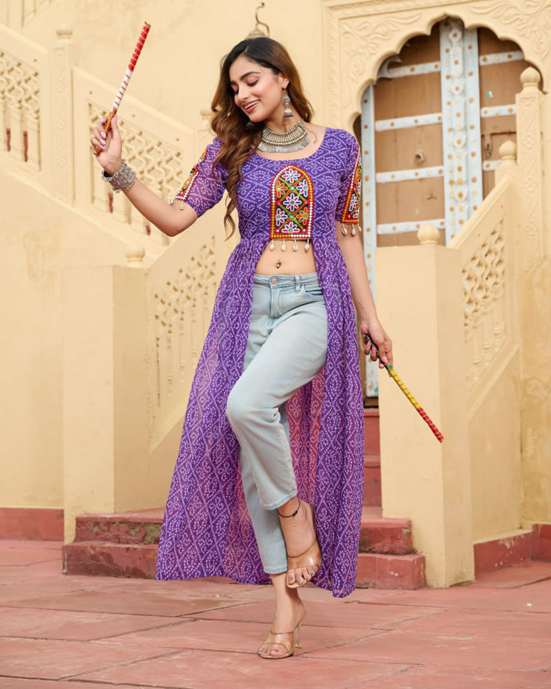 Purple Festival Wear Faux Georgette Kutchi Work Kurti
