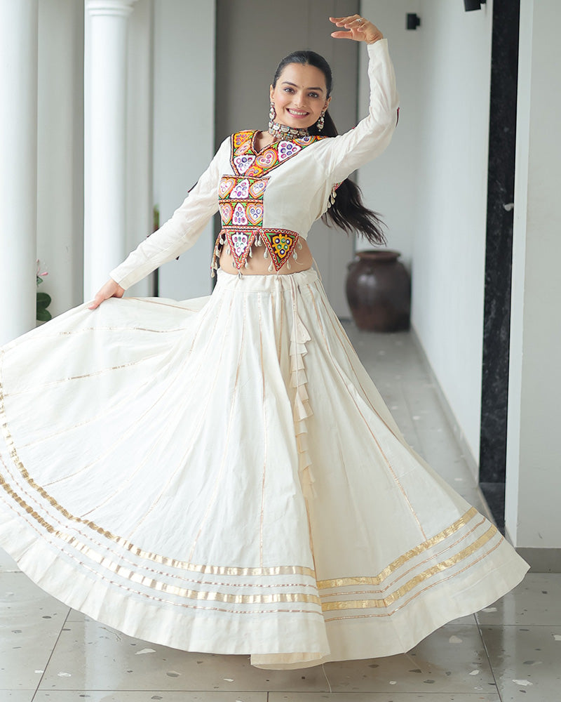 Classic Off-White Navratri Lehenga Choli with Ethnic Mirror Embroidery
