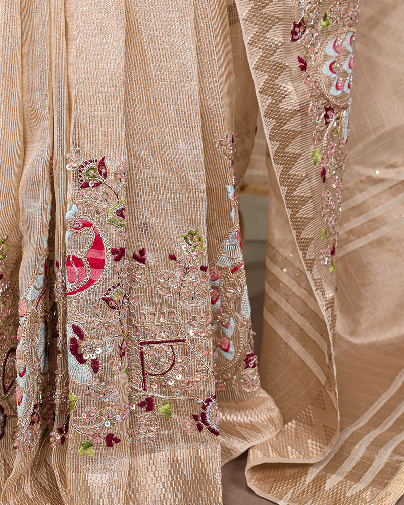 Cream Color Embroidered Kota Tissue Saree