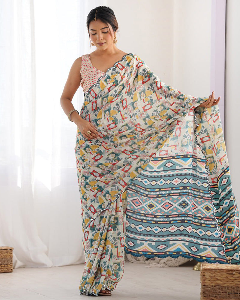 Off-White Color Chinnon Silk Printed Saree