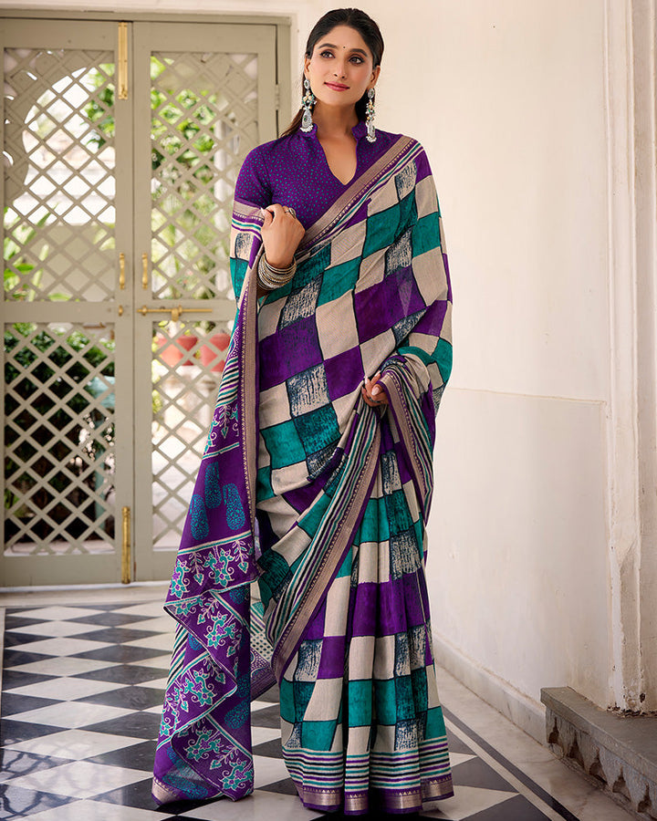 Purple Color Polyester Chanderi Printed Saree