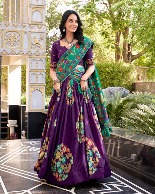 Purple Color Tussar Silk Printed With Foil Work Lehenga Choli