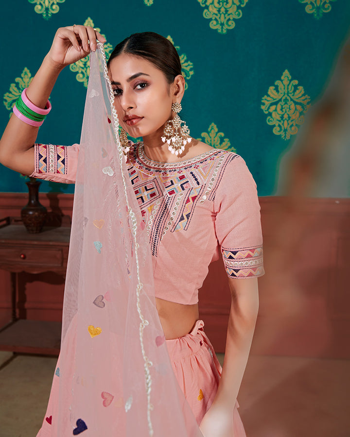 Peach Color Cotton Thread Embroidered Lehenga Choli