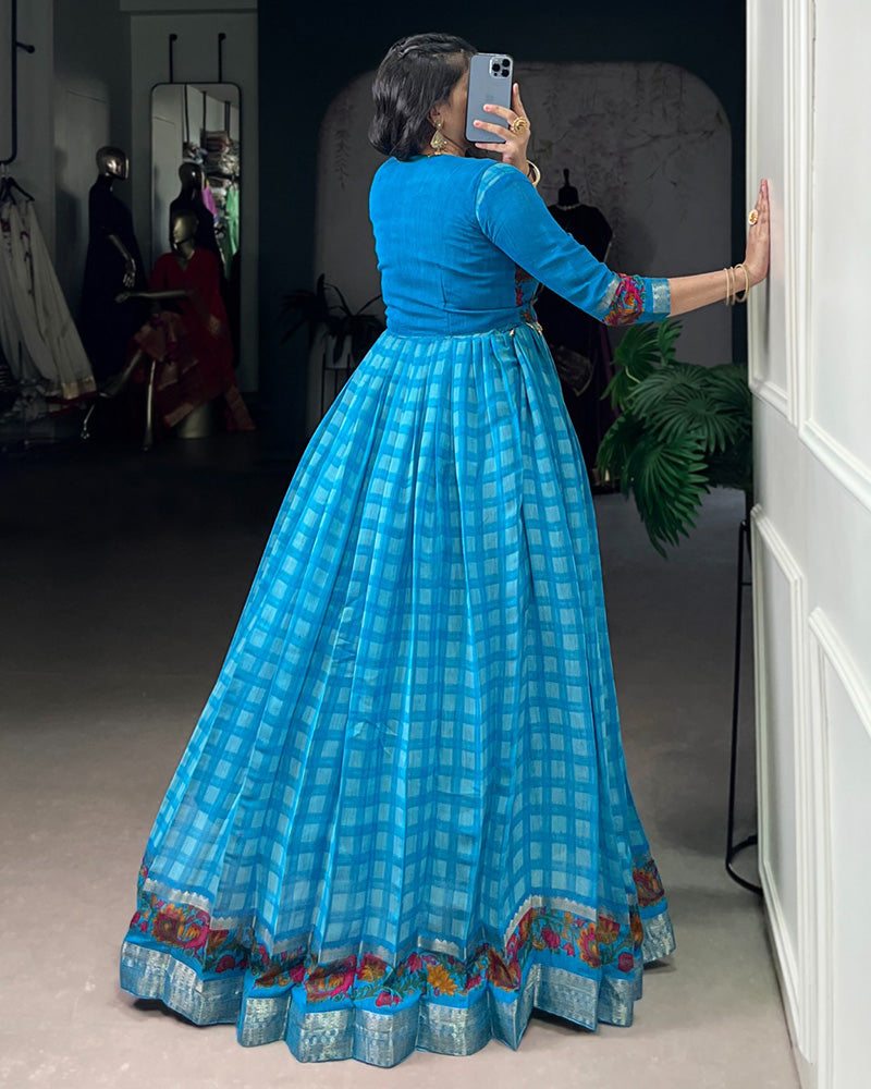 Designer Sky Blue Color Polyster Viscose Chanderi Gown