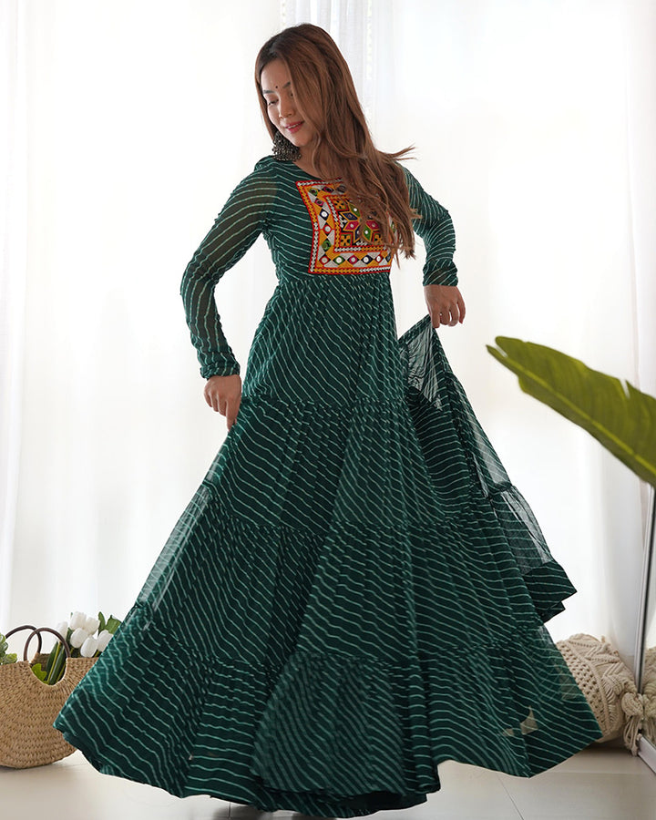 Navratri Special Green Color Georgette Gamthi Work Gown