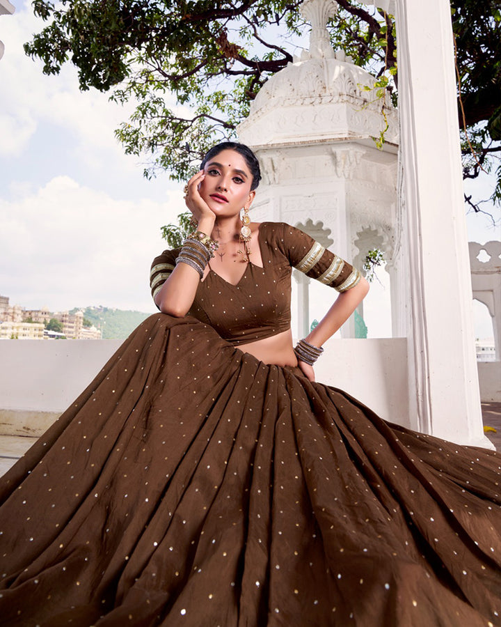 Elegant Brown Color Pure Chanderi Full Stithched Lehenga Choli