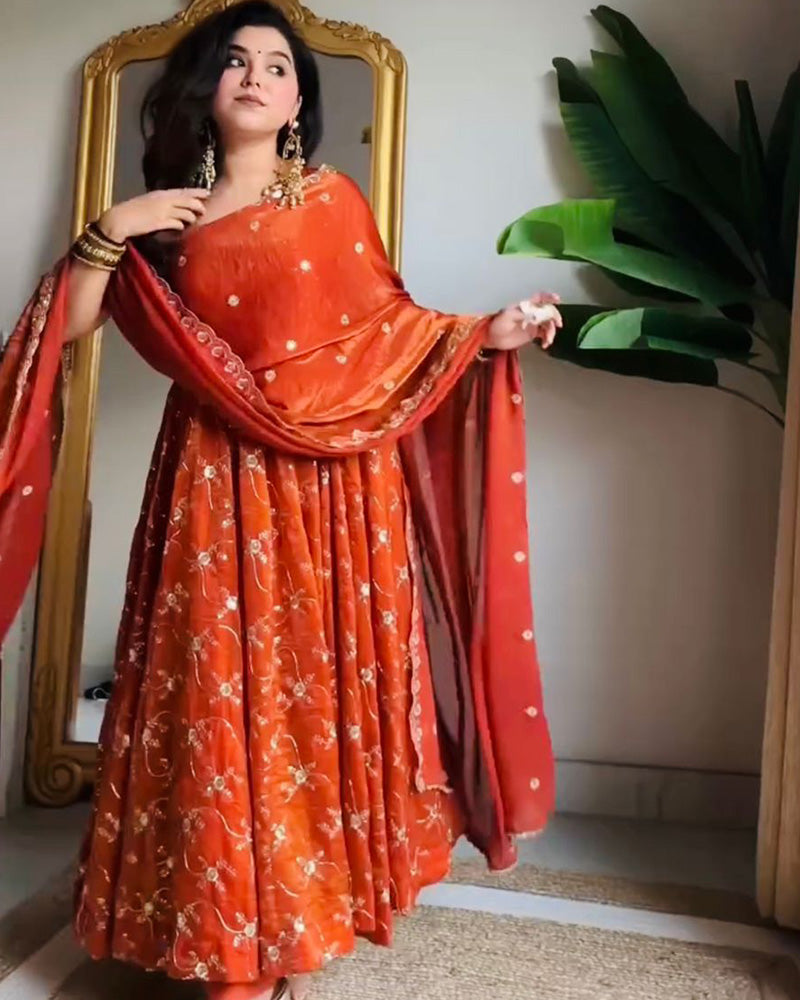 Orange Color Fendi Silk Three Piece Anarkali Suit
