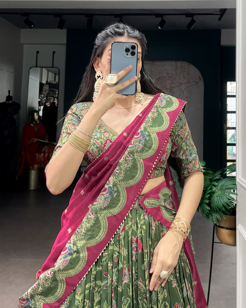 Bottle Green Color Tasar Silk Foil Printed Lehenga Choli