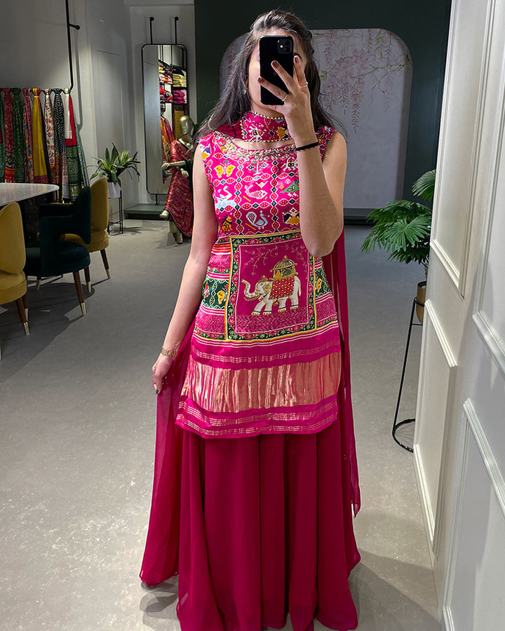 Pink Color Gaji Silk Three Piece Plazzo Suit