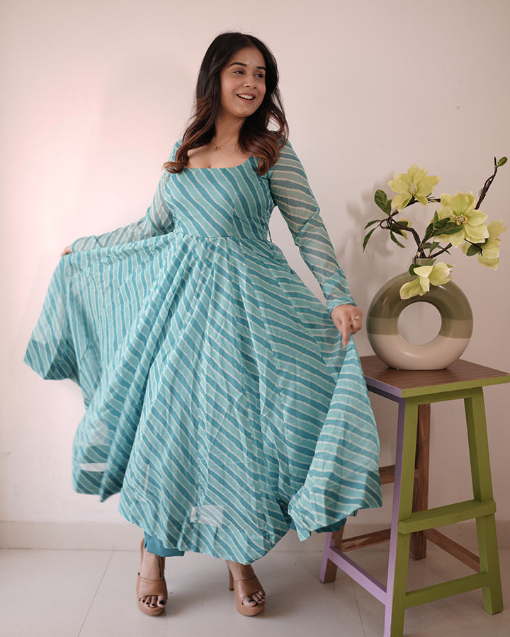 Firozi Color Tabby Organza Three Piece Anarkali Suit