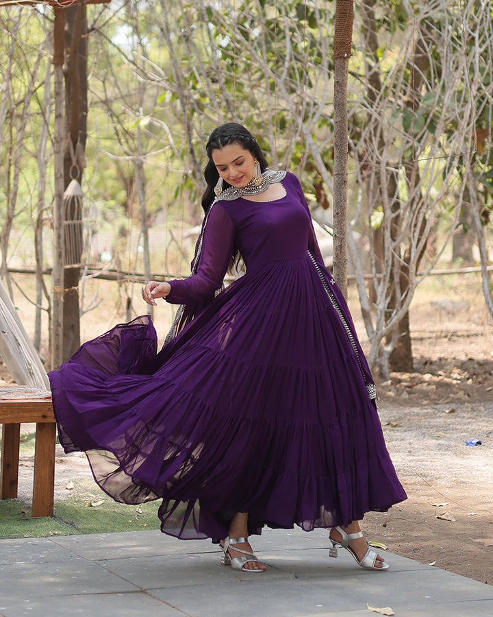 Purple Color Faux Blooming Gown With Embroidered Dupatta