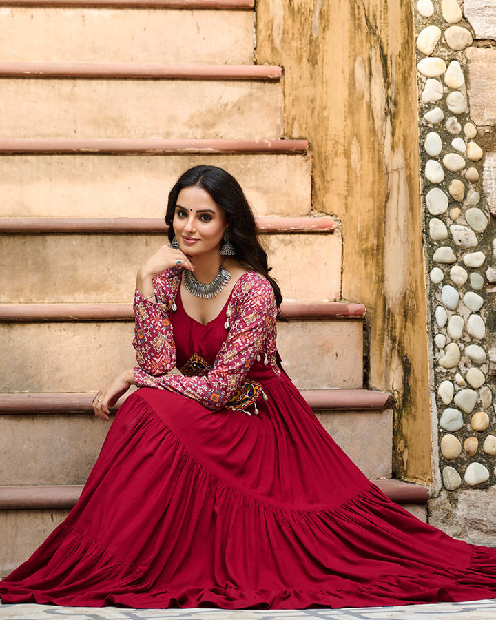 Full Flair Maroon Rayon Gown With Multicolor Embroidery