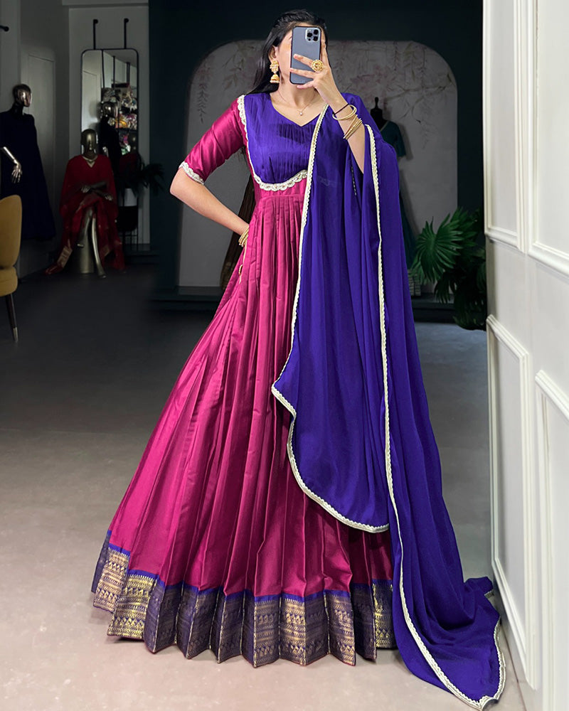 Designer Pink Color Aura Silk Zari Work Gown