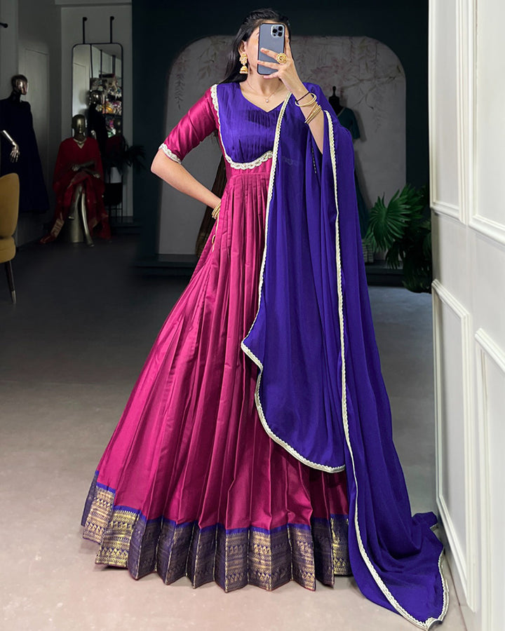 Designer Pink Color Aura Silk Zari Work Gown