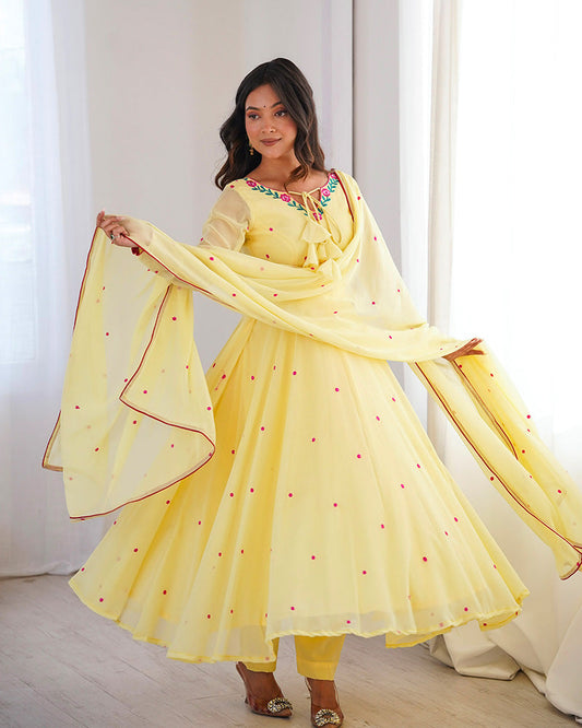 Light Yellow Color Georgette Three Piece Anarkali Suit