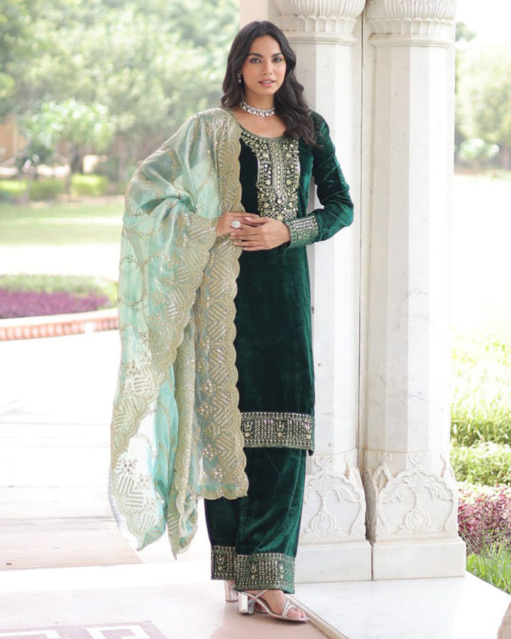 Green Color Velvet Three Piece Kurti Suit
