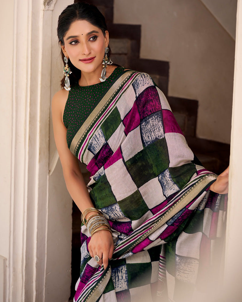 Green Color Polyester Chanderi Printed Saree