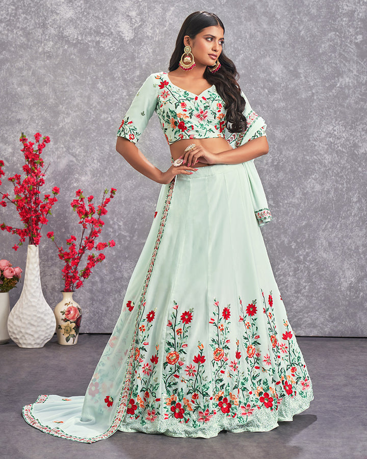Sea Green Color Thread And Embroidered Georgette Lehenga Choli