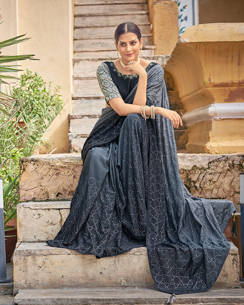 Grey Color Chinnon Sequence Saree