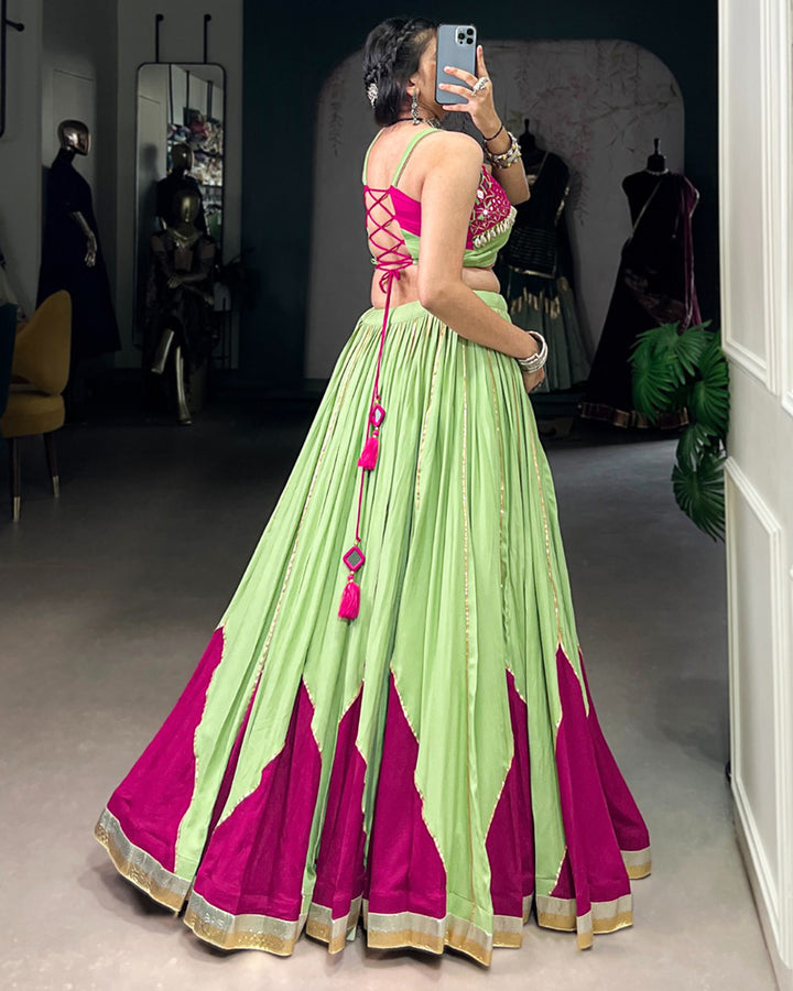 Parrot Green & Magenta Color Pure Rayon Mirror Work Navratri Lehenga Choli
