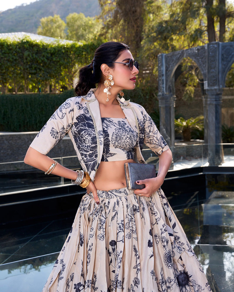 Designer Cream Color Tussar Silk Lehenga Choli With koti